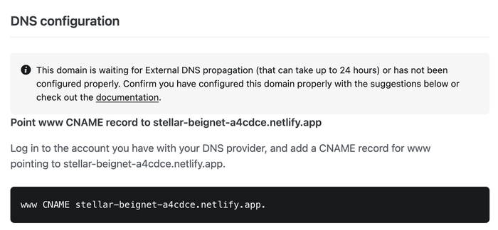 Copying the DNS target information from the Netlify interface