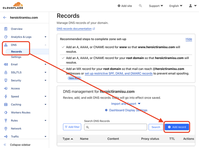 Accessing the DNS settings in the Cloudflare interface