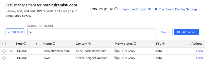 The DNS records in the Cloudflare interface