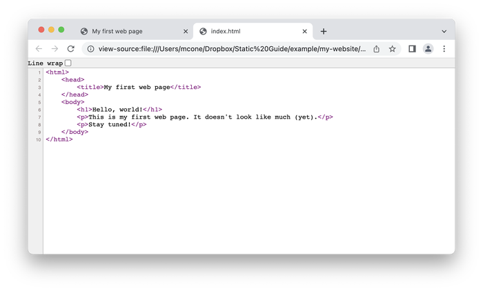 Viewing the source code of our first web page