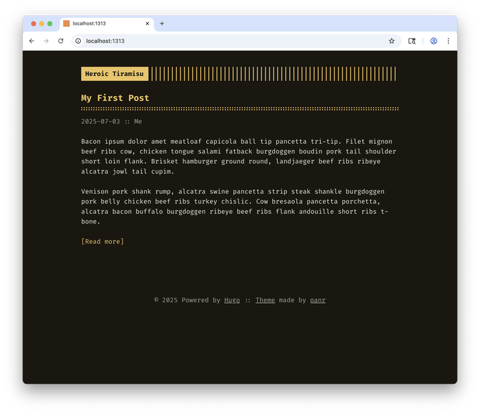 Previewing the Heroic Tiramisu Hugo website with the example blog post