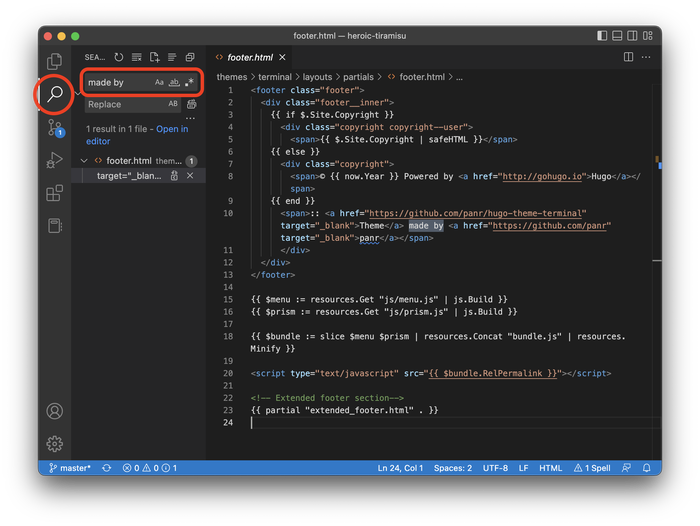 Finding the footer text in footer.html
