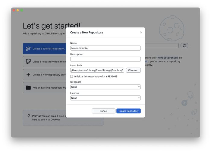 Creating the repository in GitHub Desktop