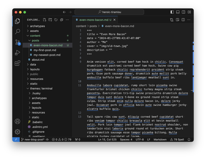 Creating the new blog post in VS Code