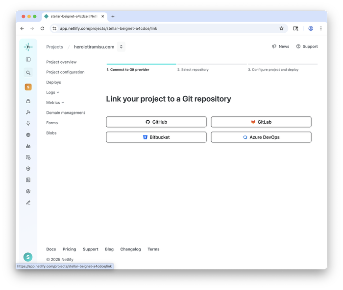 Git website selection for continuous deployment in Netlify