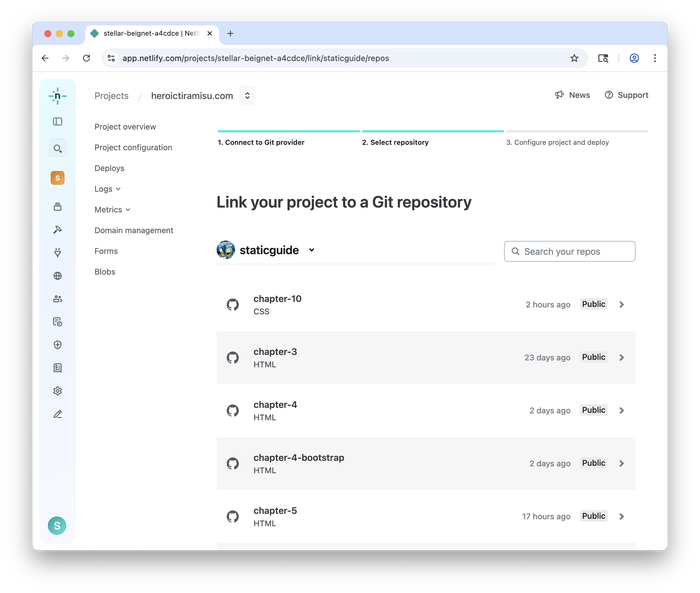 Selecting the GitHub repository in Netlify