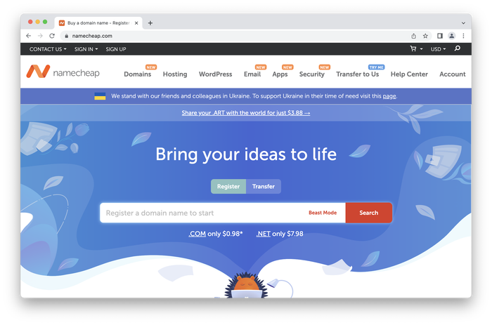 Searching for domain names using the Namecheap website